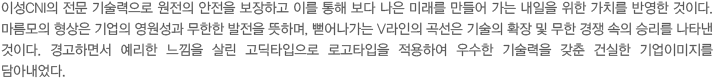 이성CNI의 전문 기술력으로 원전의 안전을 보장하고 이를 통해 보다 나은 미래를 만들어 가는 내일을 위한 가치를 반영한 것이다. 마름모의 형상은 기업의 영원성과 무한한 발전을 뜻하며, 뻗어나가는 V라인의 곡선은 기술의 확장 및 무한 경쟁 속의 승리를 나타낸 것이다. 경고하면서 예리한 느낌을 살린 고딕타입으로 로고타입을 적용하여 우수한 기술력을 갖춘 건실한 기업이미지를 담아내었다.